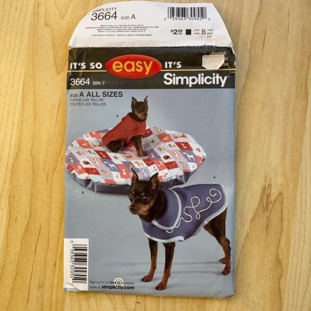 Simplicity Sewing Pattern Dog Cat Coat Bed 3664 Pet Clothes Sewist Animals Craft